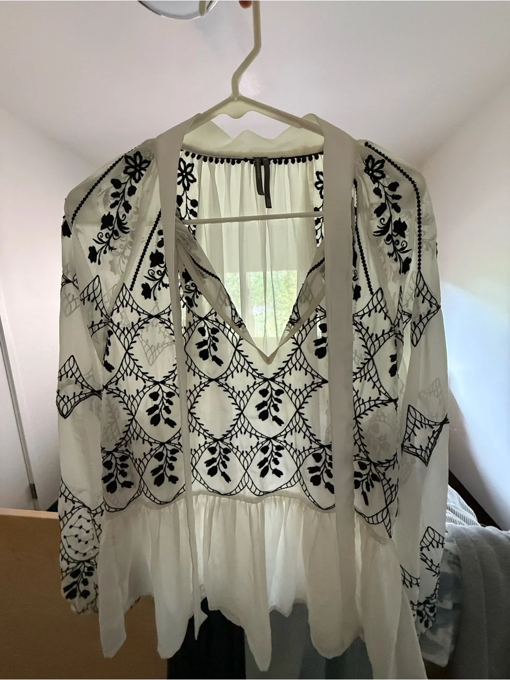 Anthropologie Tie-Neck White Blouse with Black Embroidered Lace & Bow - Picture 2 of 4